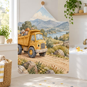 Dump Truck Road kids hooded bath towel hanging in a kids bathroom