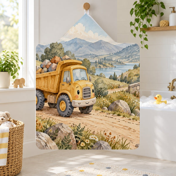 Dump Truck Road kids hooded bath towel hanging in a kids bathroom