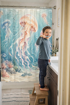 Child brushing teeth in a family bathroom with the Jellyfish Garden Ocean shower curtain