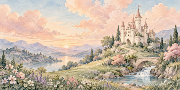 Watercolor Hilltop Castle Fairy Tale Wall Mural, image 3