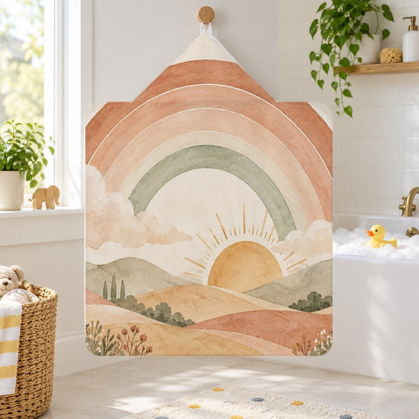 Rainbow Sunrise Hills kids hooded bath towel hanging in a kids bathroom