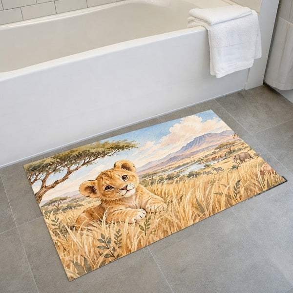 Lion Cub Safari bath mat on the floor in front of the tub