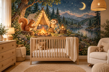 Watercolor Moonlit Forest Camp Camping Wall Mural, image 1