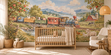 Watercolor Countryside Train Wall Mural, image 1