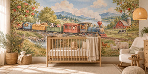 Watercolor Countryside Train Wall Mural, image 1
