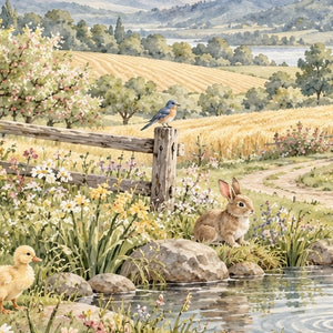 Peaceful Farm shower curtain, close up of the watercolor artwork