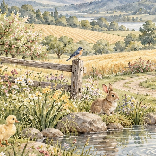 Peaceful Farm shower curtain, close up of the watercolor artwork