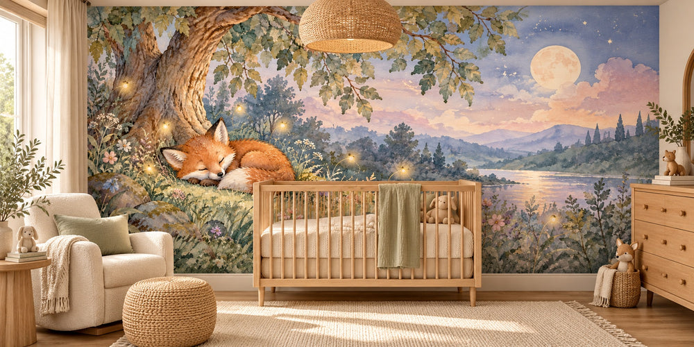 Watercolor Sleepy Fox Wall Mural, image 1