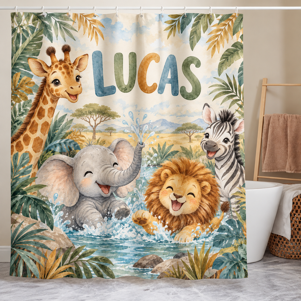 Personalized safari animals kids shower curtain with the name Lucas
