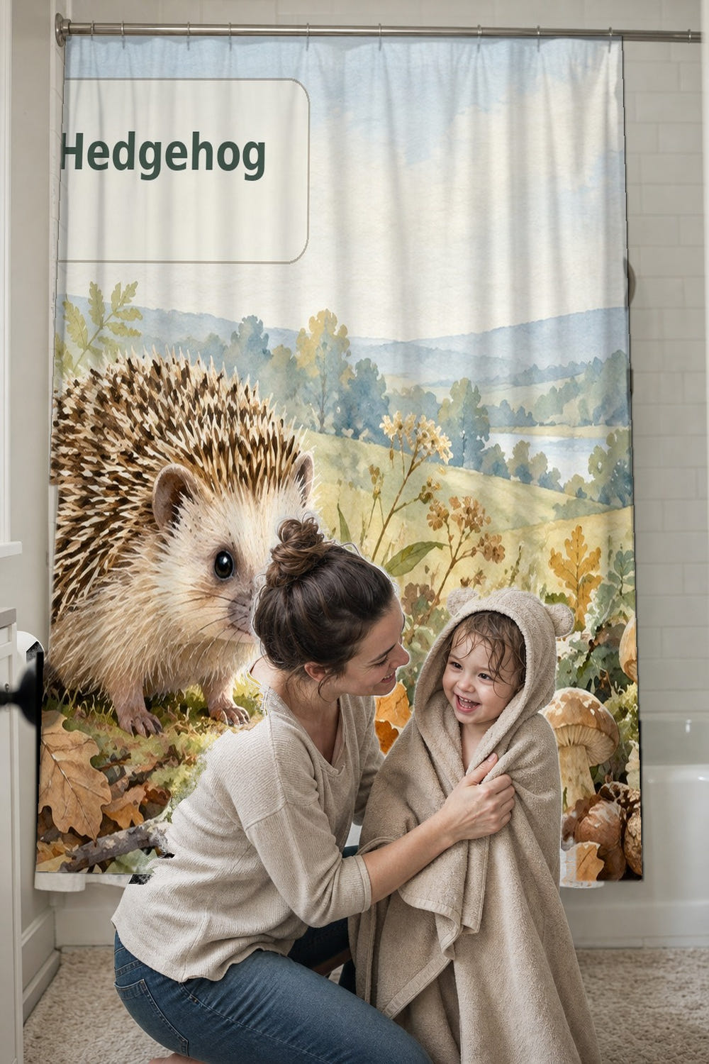 H is for Hedgehog Alphabet shower curtain, full front view of the 71 x 74 in fabric curtain