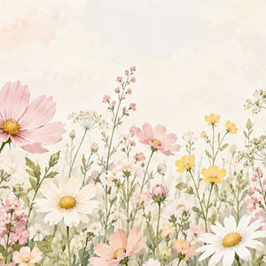Cosmos and Daisy Meadow kids rug, close up of the watercolor artwork