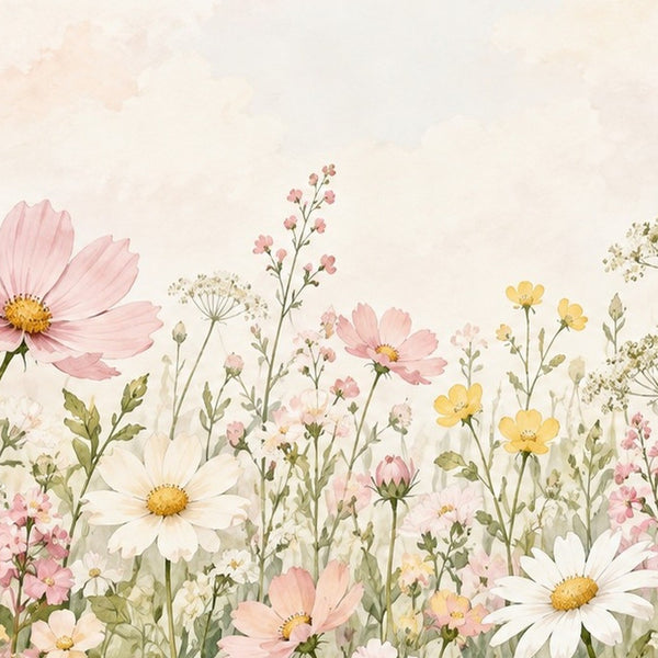 Cosmos and Daisy Meadow kids rug, close up of the watercolor artwork