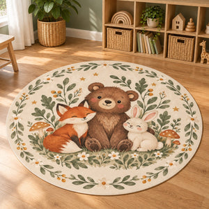 Woodland animal rug on a light oak floor in a bright playroom