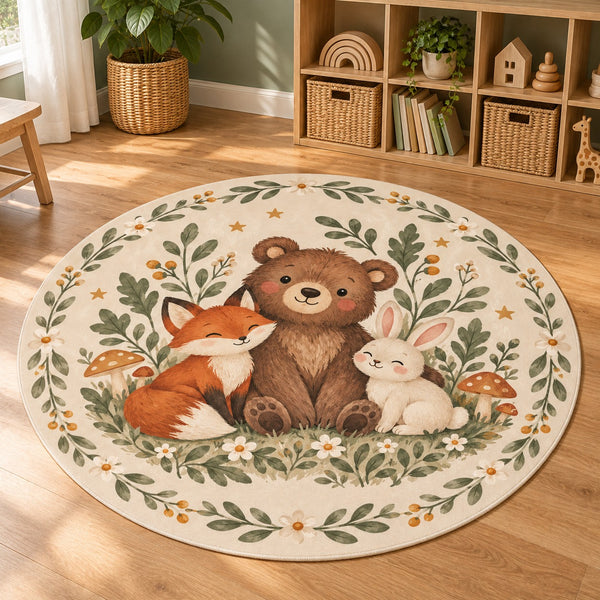 Woodland animal rug on a light oak floor in a bright playroom