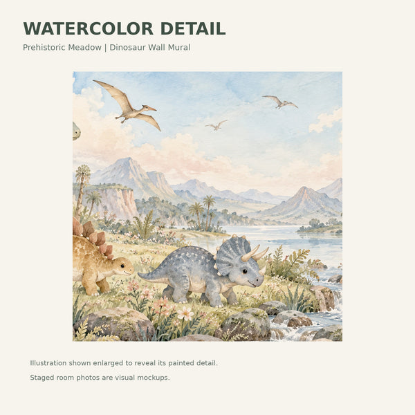 Watercolor Prehistoric Meadow Dinosaur Wall Mural, image 4