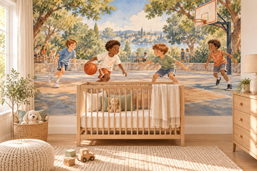 Watercolor Kids Playing Basketball Wall Mural, image 1