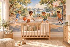 Watercolor Kids Playing Basketball Wall Mural, image 1