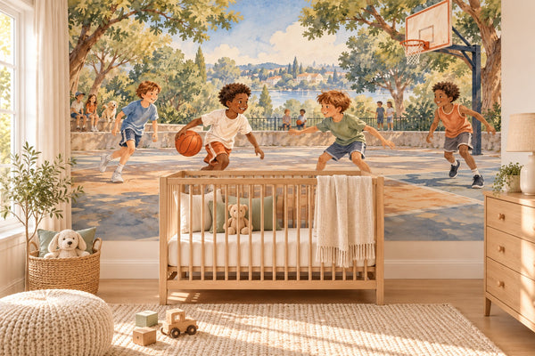 Watercolor Kids Playing Basketball Wall Mural, image 1