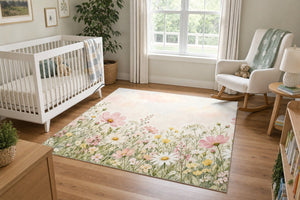 Cosmos and Daisy Meadow area rug in a calm nursery with a white crib