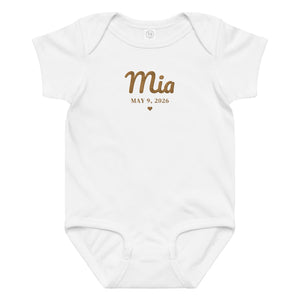 Embroidered baby name bodysuit, white bodysuit with old gold thread