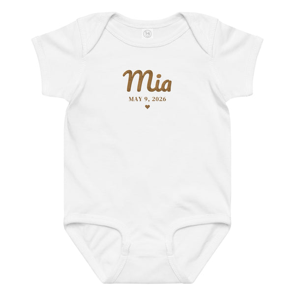 Embroidered baby name bodysuit, white bodysuit with old gold thread