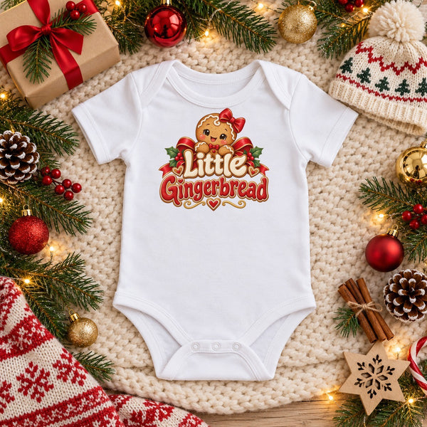 Little Gingerbread baby bodysuit in white, Christmas flat lay