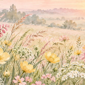Golden Sunset Wildflowers shower curtain, close up of the watercolor artwork