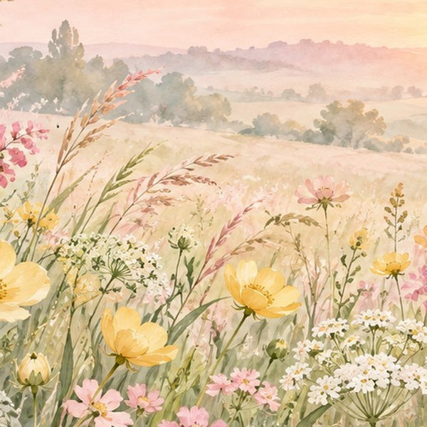 Golden Sunset Wildflowers shower curtain, close up of the watercolor artwork