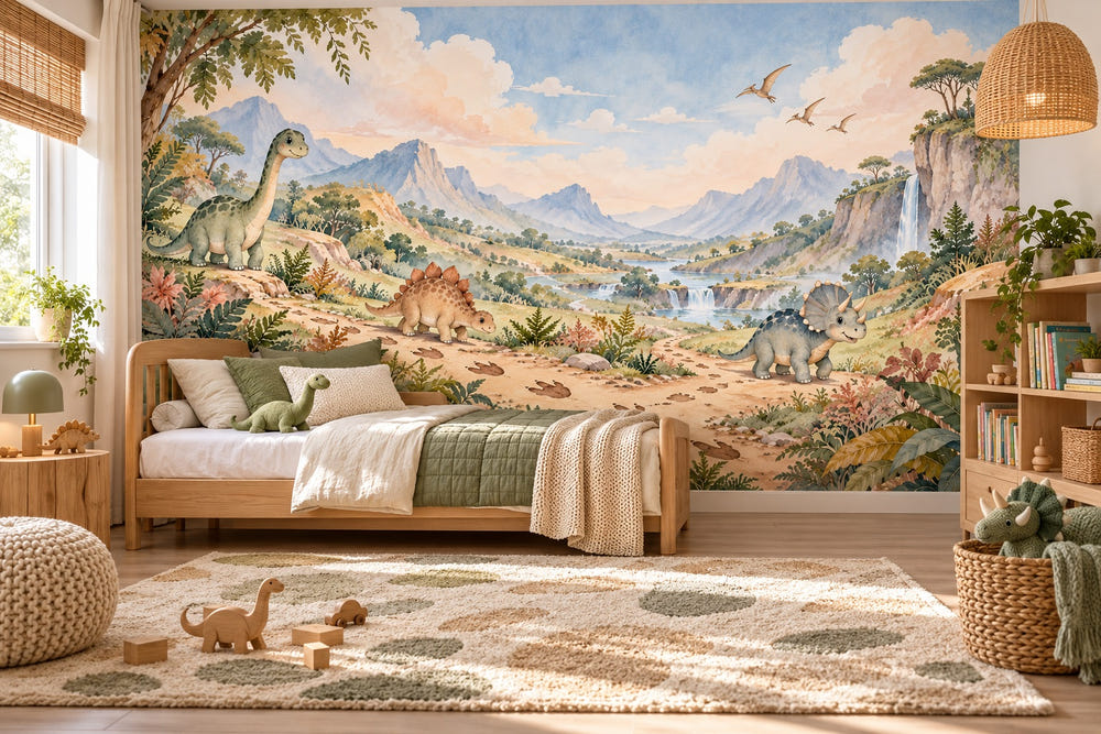 Watercolor Footprint Valley Dinosaur Wall Mural, image 1