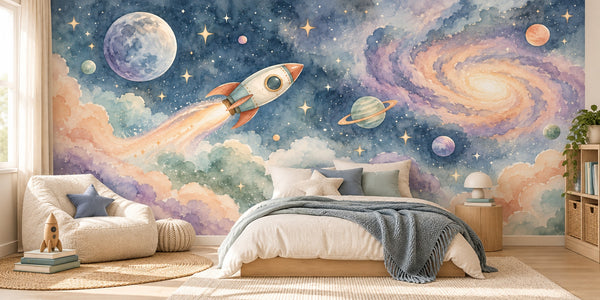 Watercolor Rocket Journey Wall Mural, image 2