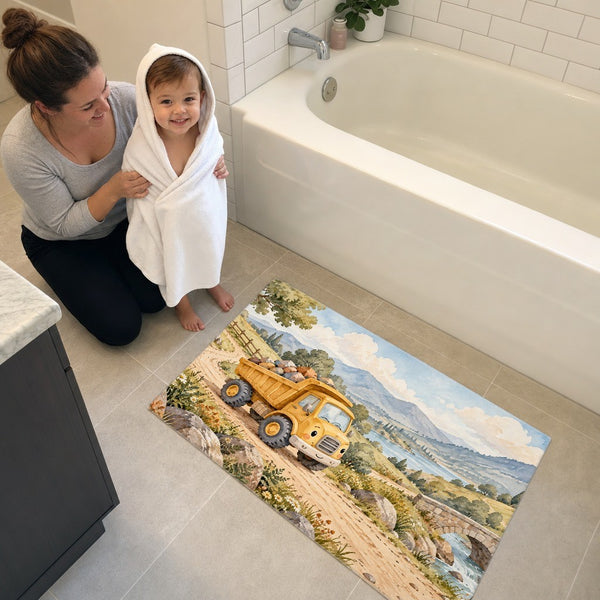 Toddler in a hooded towel stepping onto the Dump Truck Road bath mat