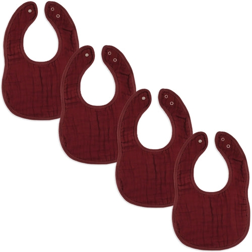 Muslin baby bibs in wine color, soft and stylish for feeding time.