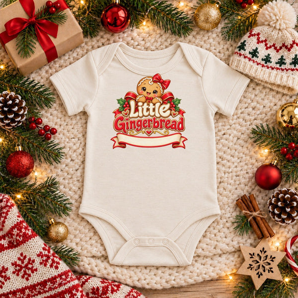 Personalize the Little Gingerbread organic cotton baby bodysuit in natural with your baby's name