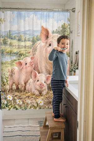 Child brushing teeth in a family bathroom with the Piglet Family Farm shower curtain
