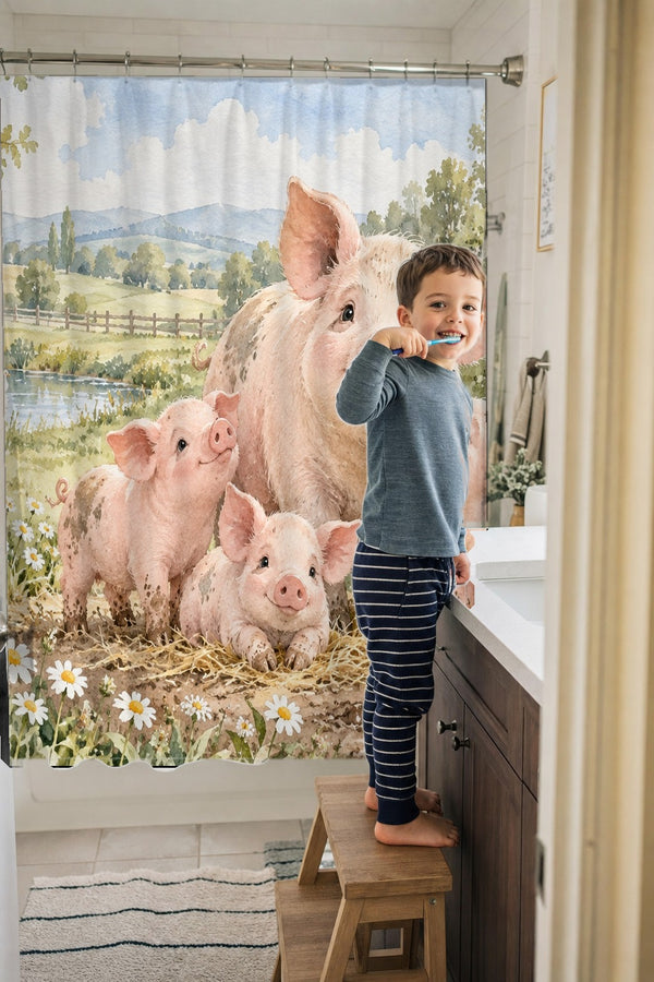 Child brushing teeth in a family bathroom with the Piglet Family Farm shower curtain