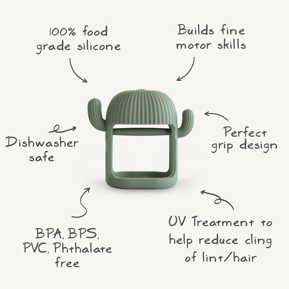No-Drop Cactus Teether in Dried Thyme color, perfect for soothing baby's gums and teething discomfort.