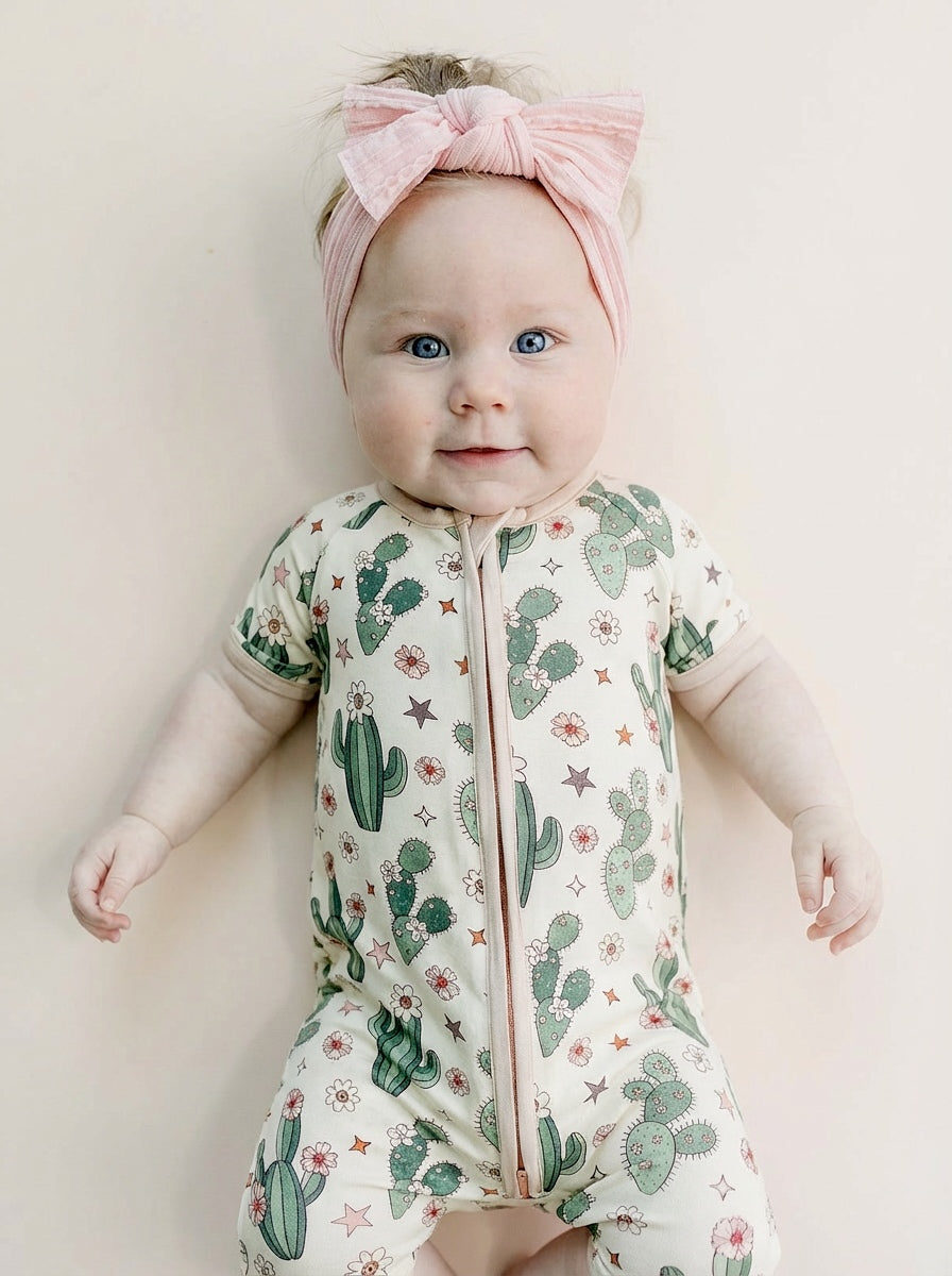 Bamboo shorty romper with cactus flowers design for babies, perfect for warm weather and stylish comfort.