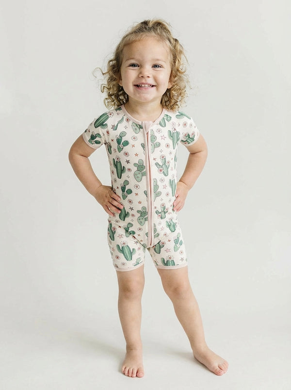 Bamboo shorty romper with cactus flowers design for babies, perfect for warm weather and stylish comfort.