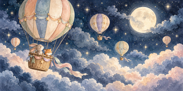Watercolor Moonlit Flight Hot Air Balloon Wall Mural, image 3