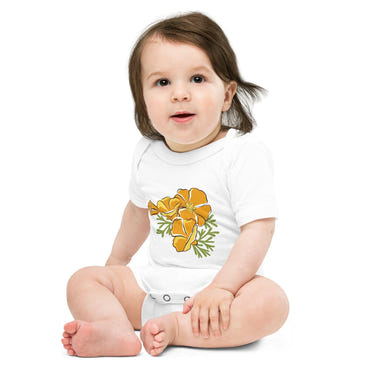 California Golden Poppy Baby short sleeve onesie for infants, featuring a vibrant floral design and soft fabric.