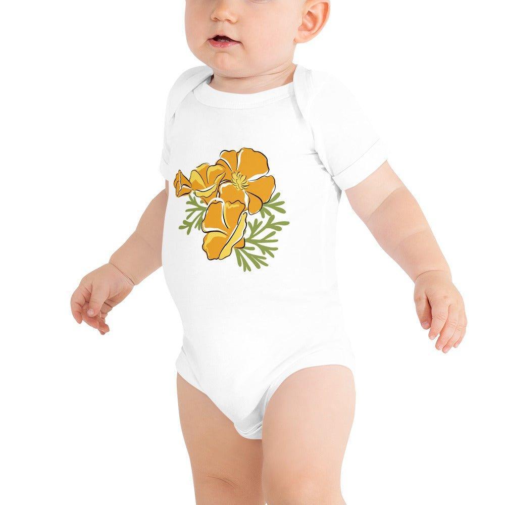 California Golden Poppy Baby short sleeve onesie for infants, featuring a vibrant floral design and soft fabric.