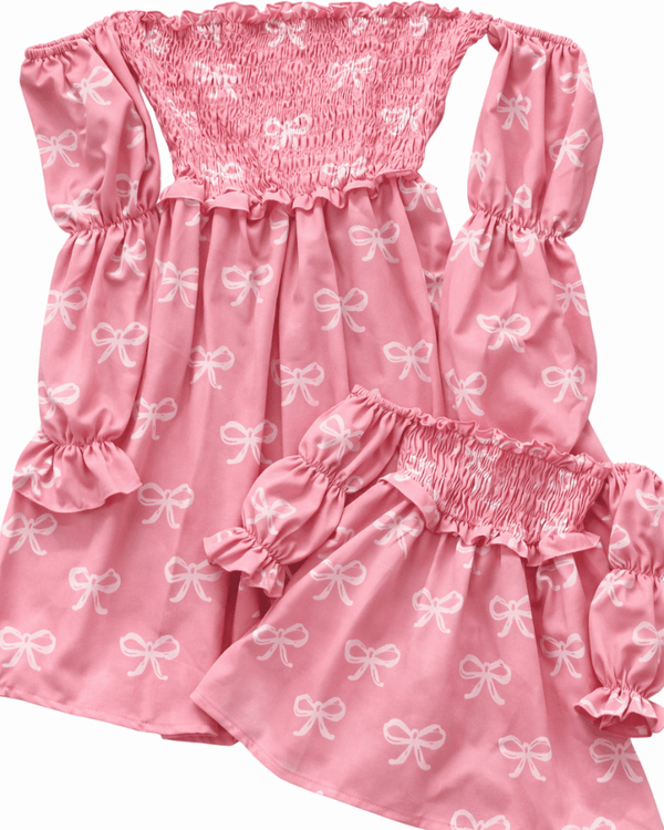 Calliope Puff Sleeve Off Shoulder Dress - Pink Bows
