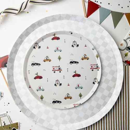 Car Patterned Birthday Dessert Plates – 7" Beige Plates (8pcs)