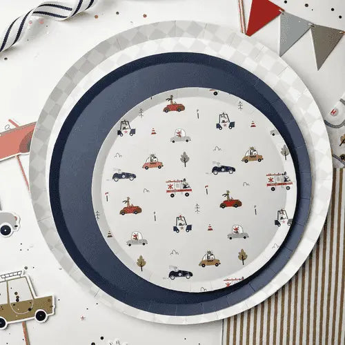 Car Patterned Birthday Dessert Plates – 7" Beige Plates (12pcs)