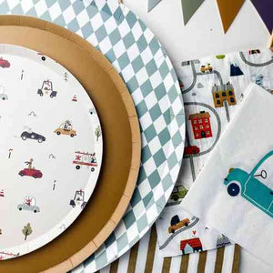 Car Patterned Birthday Dessert Plates – 7" Beige Plates (12pcs)