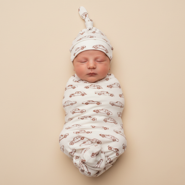 Organic Swaddle Blanket & Hat Set - Cars