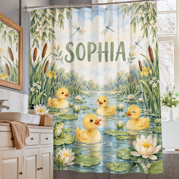 Duck Pond personalized kids shower curtain over a bathtub