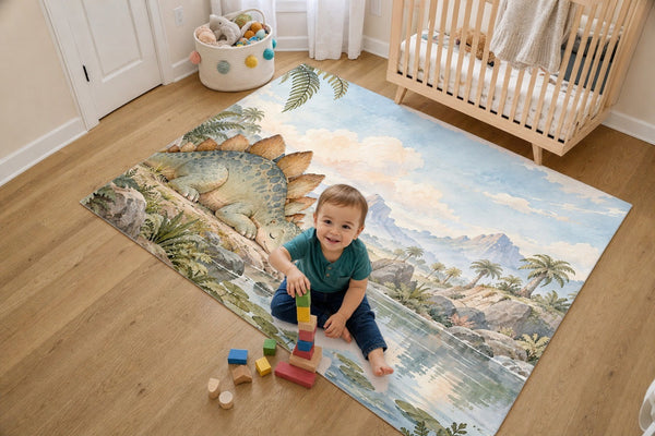 Toddler stacking blocks on the Sleepy Stegosaurus Dinosaur kids rug in a bright bedroom