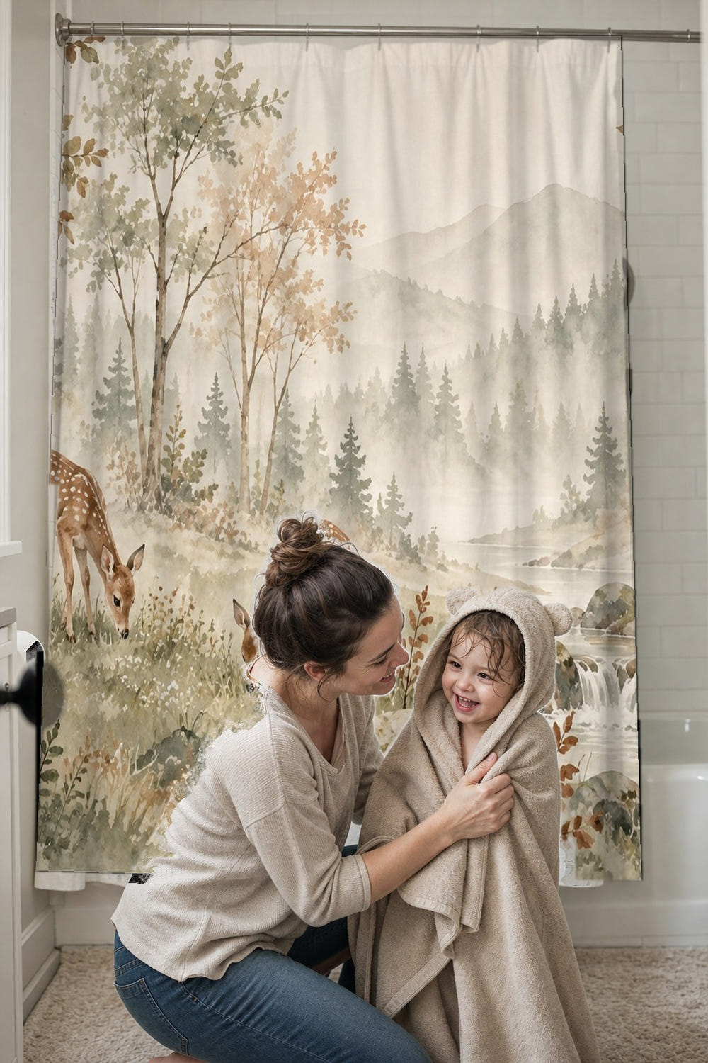 Grazing Fawns shower curtain, full front view of the 71 x 74 in fabric curtain