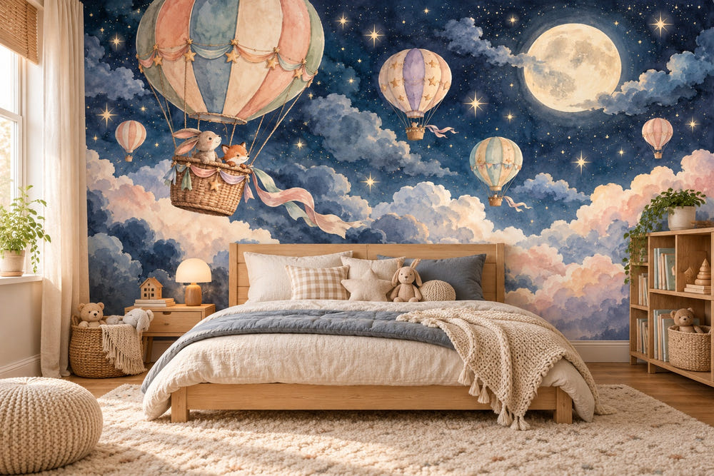 Watercolor Moonlit Flight Hot Air Balloon Wall Mural, image 1
